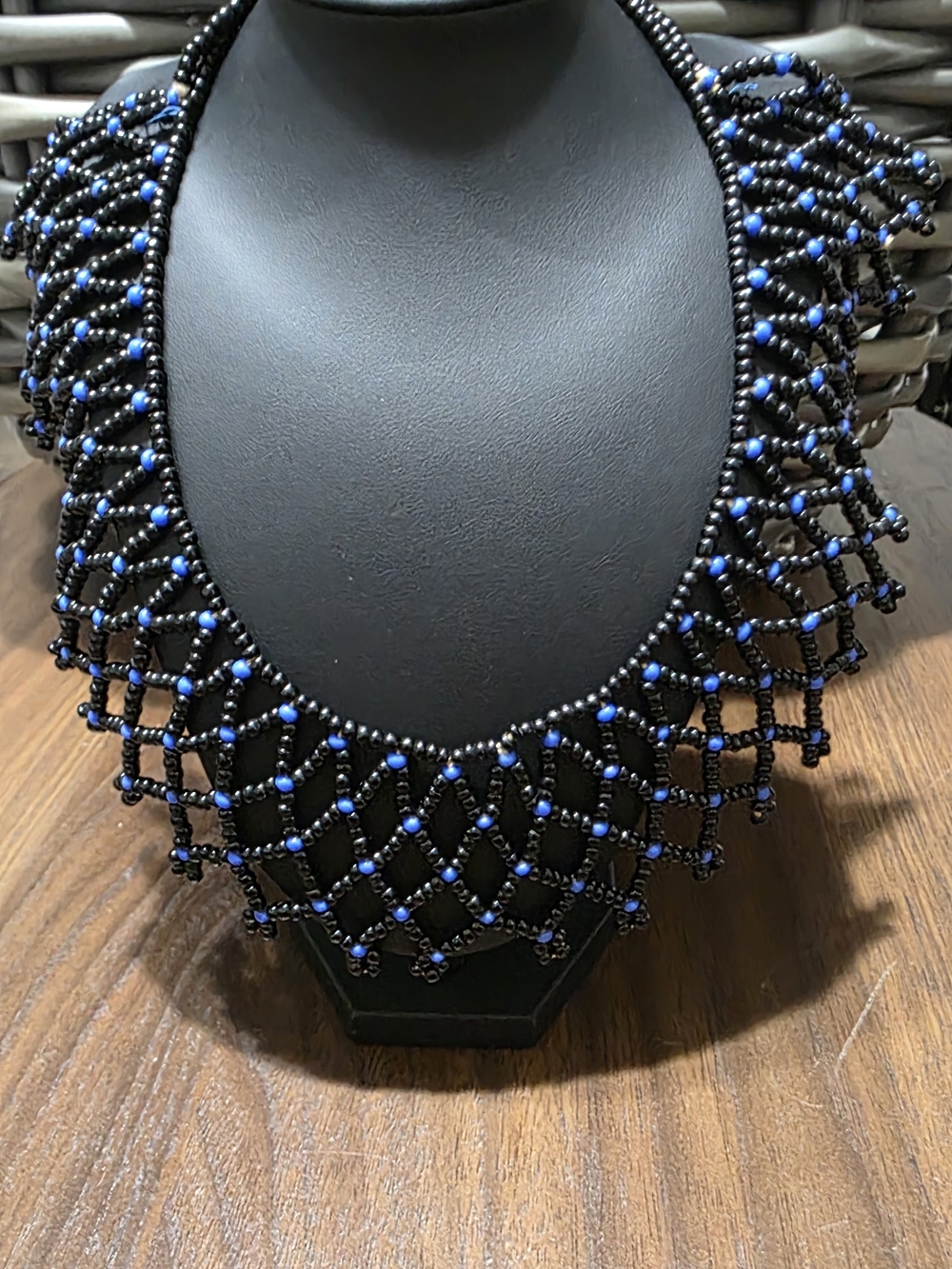 Handcrafted Black and Blue Beaded Statement Necklace